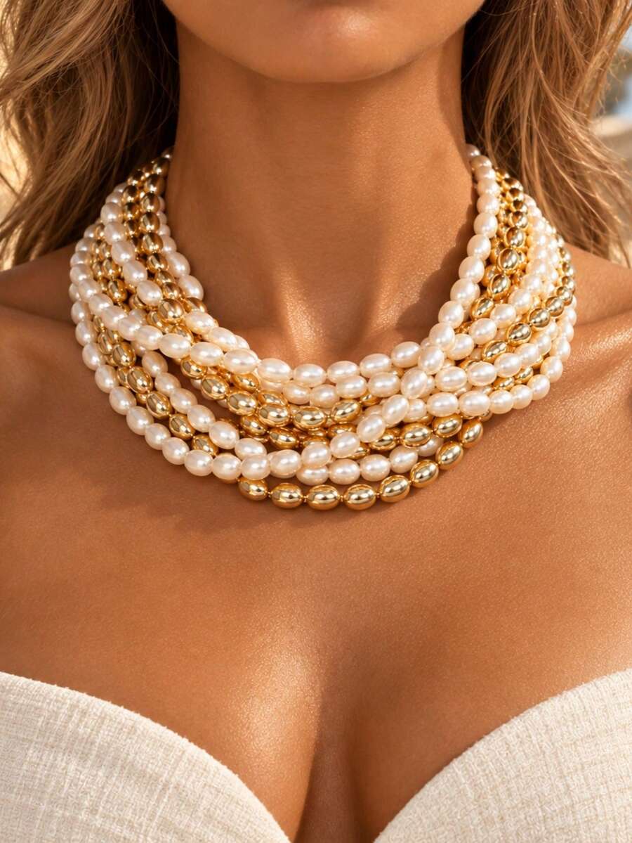 1pc Women's Multi-Layer Faux Pearl Necklace, Golden Color Beaded Layered Statement Necklace, Elegant Party Jewelry - Gold - View 1