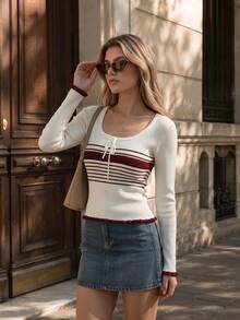 Aflion Women Fall Winter Cream Burgundy Striped Knit Sweater U Neck Drawstring Slim Fit Casual Back To School Campus Daily Class Going Out Top - White - View 1
