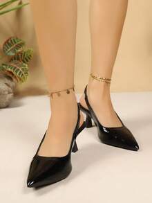 Elegant Pointed Toe Slingback Heels, Stretchy Rear Strap, Wedding Guest Footwear, Stylish Women Dress Shoes - Black - View 4