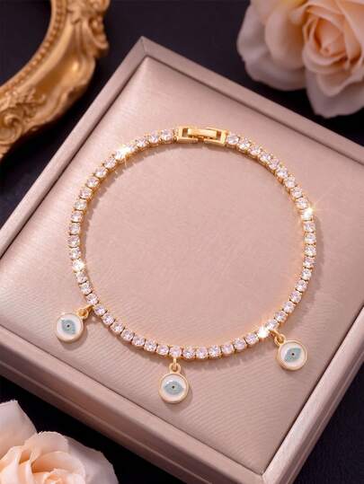 1pc Fashion Evil Eye Pendant Cubic Zirconia Shiny Tennis Bracelet For Women, Gold Plated Couple Jewelry, Halloween Music Festival Party Accessory, Anniversary Birthday Gift For Girlfriend Best Friend