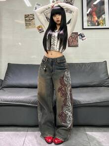 1件女款寬鬆刺繡寬腿牛仔褲，舒適休閒高街百搭丹寧長褲（不含腰帶/配件）秋季 - 銅色 - 查看 5