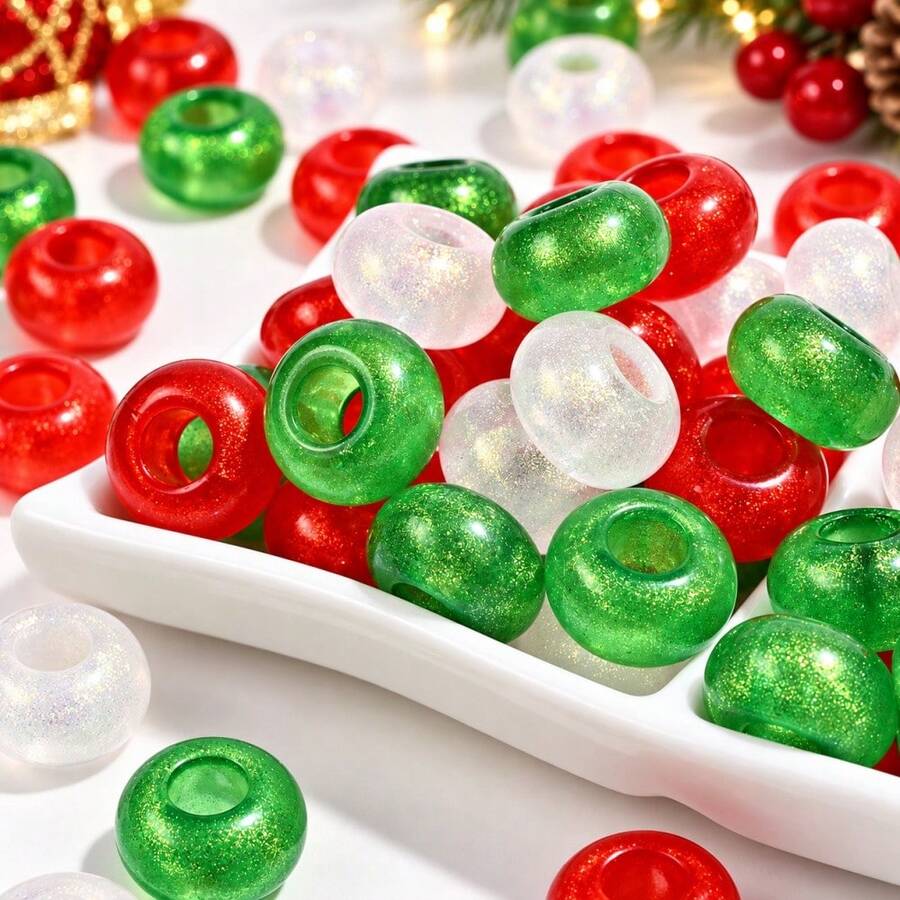 50pcs Glitter Acrylic Translucent Large Hole Sparkle Spacers, Pony Beads For DIY Beaded Pens, Hair Braiding, Jewelry Making & Holiday Craft Supplies - Random Color - View 1