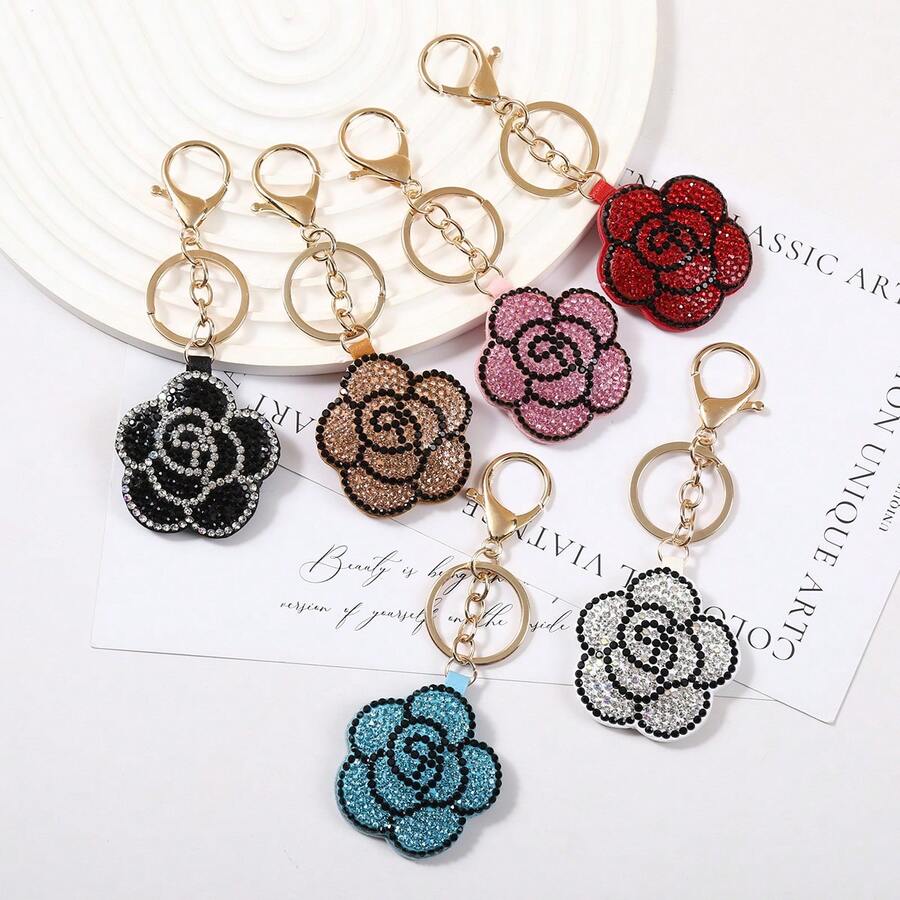 New Creative Diamond Encrusted Leather Camellia Keychain Fashion Versatile Bag Pendant Keychain Small Gift Wholesale - Multicolor - View 1