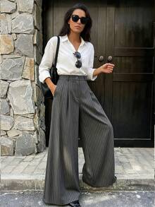 Vertical Striped High-Waist Pleated Wide Leg Suit Pants, Women's Loose Formal Trousers - Grey - View 5
