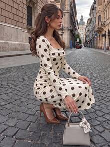 Vuslat Women's Elegant Square Neck Waist-Cinching Polka Dot Midi Dress, Suitable For Daily Commute, Party, Date, Christmas - Apricot - View 5
