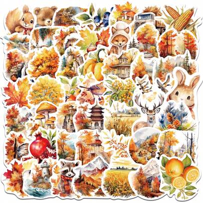 50pcs Watercolor Autumn Stickers, Forest Animals & Nature Stickers, Suitable For Planner, Laptop And Water Bottle