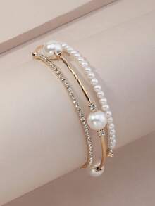 1pc Fashionable Exquisite Faux Pearl And Rhinestone Decorated Bracelet For Girls - Gold - View 3