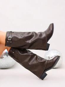 planare New Women's Fashion Ruched Brown Tall Boots With Metal Buckle Vintage Slip-On Pointed Toe Chunky Heel Western Cowboy Boots - Brown - View 7
