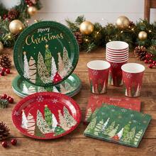 10/20/50/80 Pcs,Winter Holiday Merry Christmas Disposable Tableware Set,Red Green Christmas Tree Pattern 7 Inch & 9 Inch Paper Plates Napkins And 9oz Cups,Party Decor Supplies For Pre-Xmas Family Feast,Winter Solstice Dinner - Multicolor - View 6
