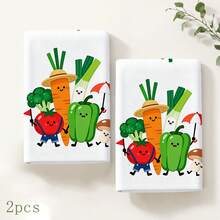 2pcs Cute Cartoon Vegetable Print Kitchen Towels, Carrot Tomato Green Pepper Broccoli Fun Pattern Hand Towels, Fresh Pastoral Style Absorbent Dish Cloth Tea Towel, Suitable For Kitchen Cooking, Baking, Cleaning Wiping And Home Decor, Vegetable Theme Kitchen Supplies Gift - Multicolor - View 10
