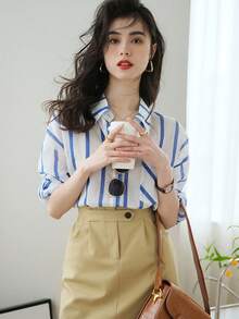 YUXIN Women's French Style Blue Stripe Shirt Oversized Collared Button Up Long Sleeve Fresh Casual Top For Vacation Date Weekend Office Fall Wear - Blue - View 6
