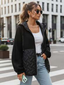 Women's Oversized Hooded Jacket, Quilted Panel, Zip Front, Adjustable Hood, Zip Pockets - Black - View 4