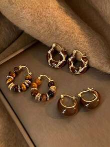 3 Pairs Vintage Brown Resin Teardrop Earrings, Gold Asymmetrical Geometric Dangle Earrings, Elegant High-End Versatile Jewelry For Women, Suitable For Daily Wear, Parties, Vacations And Gifts - Multicolor - View 4