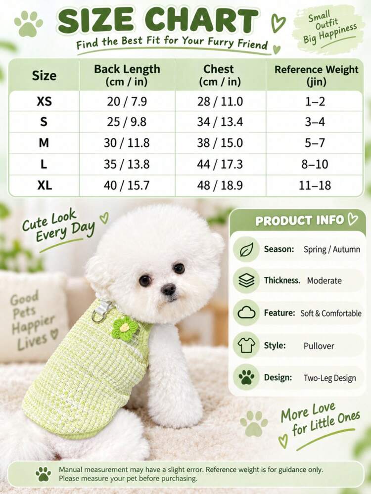 1pc Pet Knit Vest With D-Ring Harness, Lace Collar & 3D Flower Decor, Spring Autumn Clothes For Small Dogs Cats Bichon Teddy Yorkshire - Mint Green - View 2
