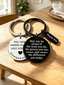 2pcs Stainless Steel Engraved Keychain, Black & Silver Round Key Ring, Funny Thank You Gift For Coworker Employee Office Appreciation - Multicolor - View 2