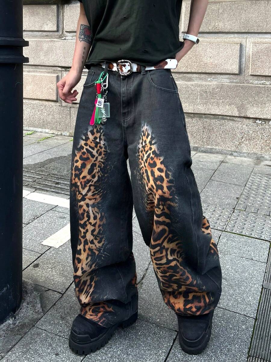 1pc Digital Print Loose Fit Casual Straight Leg Jeans, Comfortable Streetwear Style Pants For Men, Versatile All Season - الأسود - مشاهدة 1