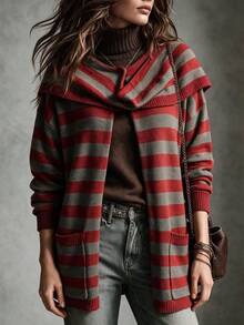 Women Striped Draped Collar Open Front Knit Cardigan, Long Sleeve Loose Fit Pocket Design Fall Casual Sweater Coat - Multicolor - View 7
