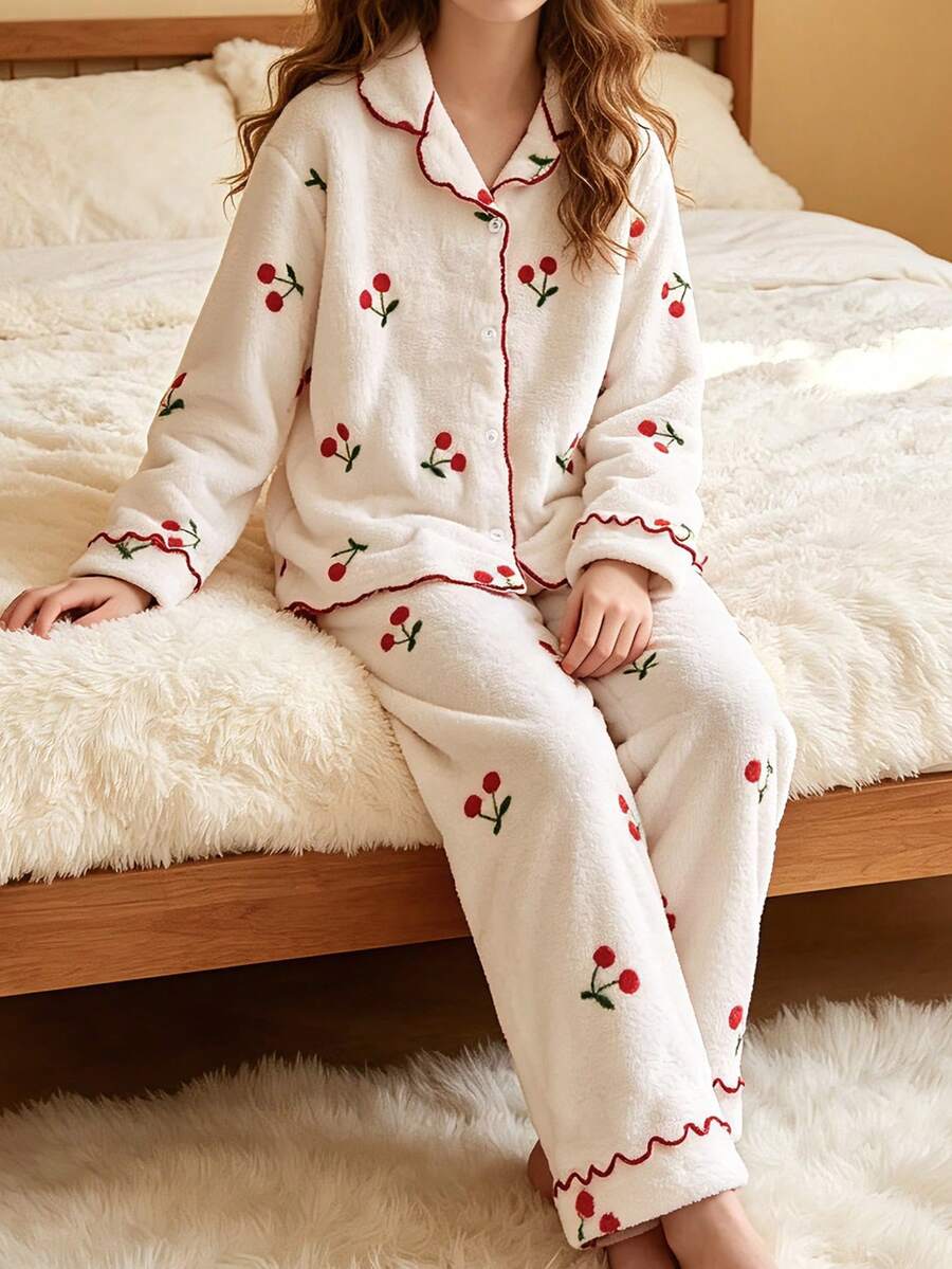 Cute Autumn/Winter Girls Cherry Print White Long Sleeve Open Front Pajama Set, Warm Comfortable Soft, Girls Home Casual - White - View 1