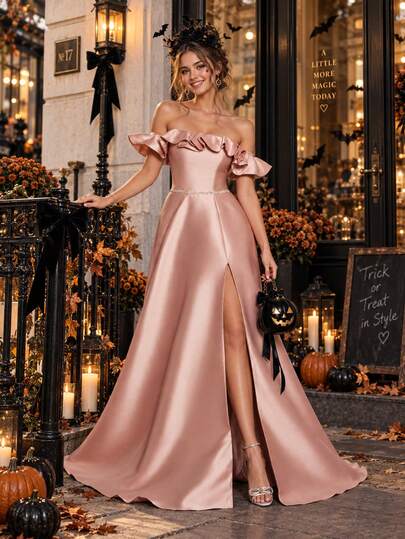 VIPGIRL Women's Ruffle Ruffle High Slit Satin Evening Gown
