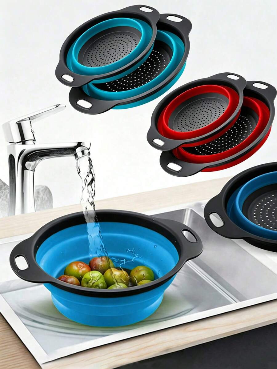 1pc/2pcs Foldable Strainer Basket, Large/Small, Convenient Home Tool For Kitchen And Dining Room Vegetable And Fruit Cleaning, Quick Drainage