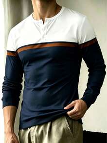 Men's Colorblock Patchwork Printed Business Henley Collar Long Sleeve T-Shirt Top - Multicolor - View 1