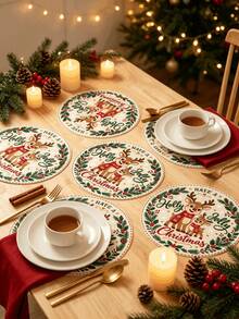 1/2/4pcs Christmas Placemats, Reindeer And Berry Elements, Round Design, Linen Material, Suitable For Christmas Decoration, Family Gatherings, Parties, Table Decor, Holiday Decor, Indoor Decor. - Multiple Styles - View 9