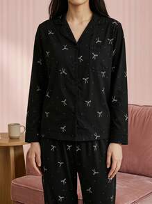Joivida 2pcs Women Loose Comfortable Breathable Long Sleeve Top And Long Pants Pajama Set - Black - View 5