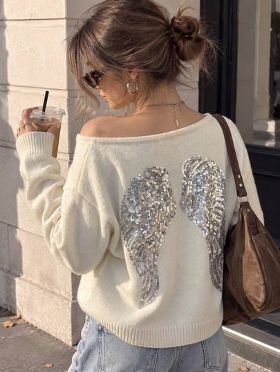 Women Beige Back Sequin Angel Wings Knit Sweater, Long Sleeve Off Shoulder Pullover, Casual Fall Winter Fashion Jumper, Back To School Hoco Outfit
