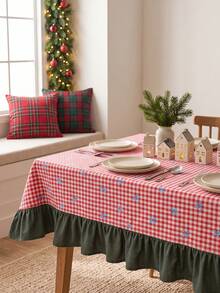 1pc Red & White Classic Small Plaid Blue Bow Print Tablecloth, Traditional Country Style Rectangular Green Leaf Edge Pleated Detail Stain-Resistant Protective Table Cover, Suitable For Christmas Family Gathering And Winter Holiday Dining Room Decor - Red - View 6