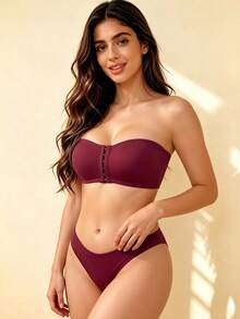 Women's Minimalist Purple Bandeau Bra, Soft Seamless Front-Closure Bandeau, Wire-Free Comfortable Bra, Suitable For Daily Wear, Anti-Sagging Support - Purple - View 6