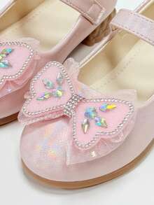 1 Pair Girls' Gentle Nude Pink Princess Shoes, Hook And Loop Mesh Rhinestone Bow Mary Jane Shoes, Versatile For Birthday, Party, Performance - Pink - View 4