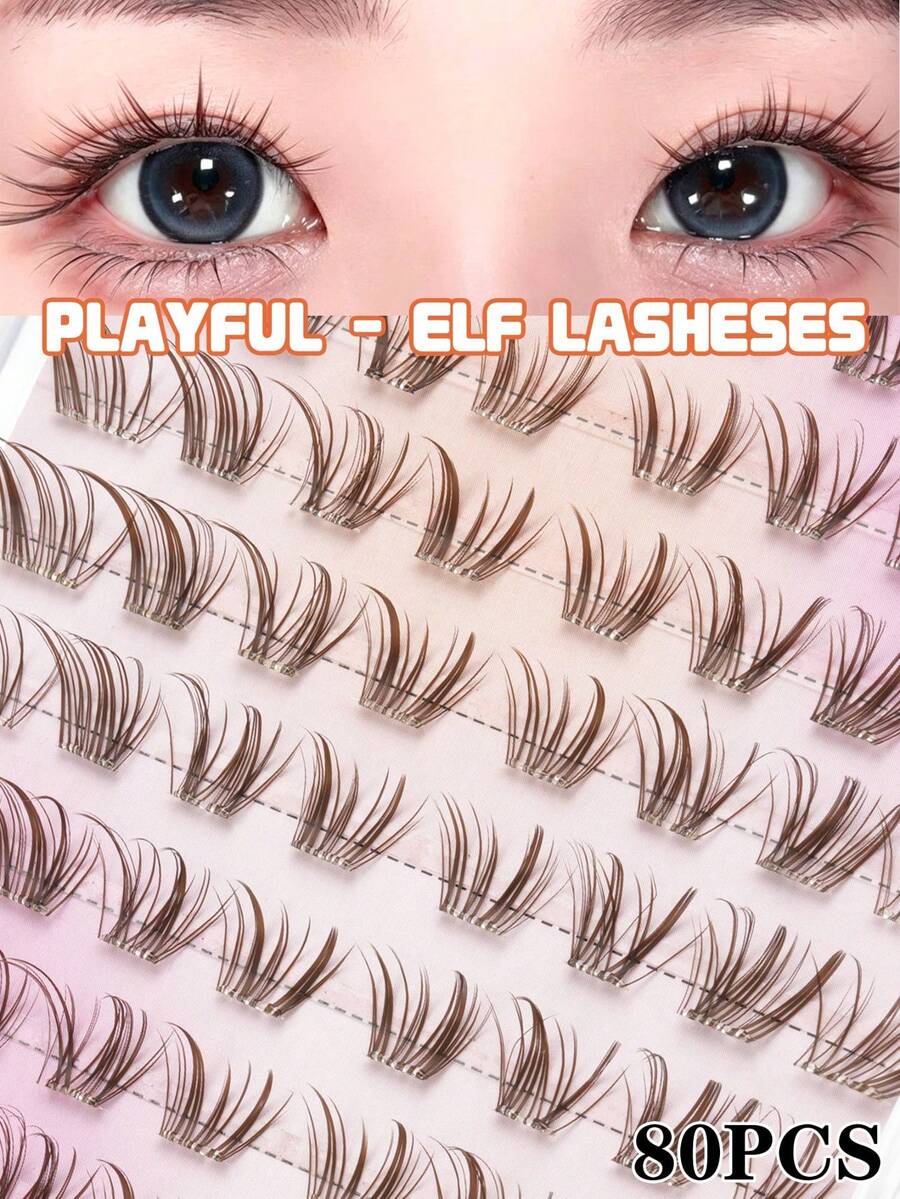 80 Clusters Brown Cartoon False Eyelashes, Natural 3D Segmented Eyelash Clusters, DIY Single Cluster Eyelashes For Beginners, Atmospheric Eye Makeup, No Glue Needed, Simple And Convenient - C - View 1
