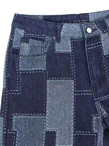 Celana Jeans Denim Pria LIYS Motif Kotak-kotak Geometris Jacquard Longgar Kaki Lebar Gaya Jalanan Vintage dengan Efek Usang - Biru - View 6