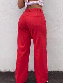 Plus Size Bright Red High Waist Wide Leg Denim Jeans, Casual Loose Fit Denim Pants For Autumn/Winter - Red - View 3