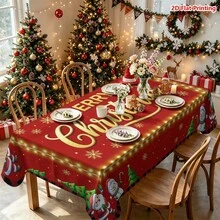 1件紅色背景聖誕主題桌布，飾有金色Merry Christmas文字、燈串邊框、雪花、聖誕樹、雪人、聖誕老人、禮物盒與馴鹿雪橇圖案，適用於廚房餐桌、餐廳裝飾、野餐露營、派對裝飾、農舍風格、桌面美化與節日氛圍營造 - 彩色 - 查看 7