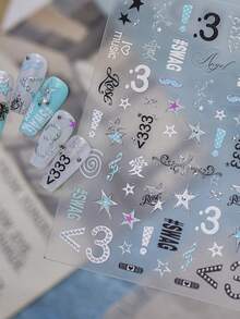 Y2K Star Note Nail Stickers, Silver Glitter Music Symbol Number 3 Swag Letter Nail Decals, Self Adhesive Nail Art Decorations For DIY Manicure - Multicolor - View 5