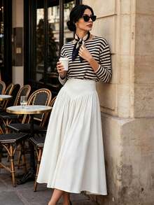 Autumn/Winter New Solid Color High Waist Pleated A-Line Long Skirt, French Elegant Full Skirt - White - View 6