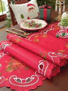 1pc 100% Polyester Embroidered Christmas Table Runner, Red Hollow Cutwork Candle Design Table Scarf, Xmas Holiday Dining Table Centerpiece Decor - Red - View 4