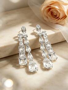 Swarovski 1 Pair Silver Teardrop & Square Glass Rhinestone Tassel Long Pendant Earrings, Exaggerated Style Jewelry For Women Wedding Party - Silver - View 4