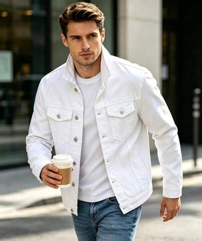 Keevoom Men's Classic White Denim Workwear Jacket, Lapel Collar Multi‑Pocket 100% Cotton Casual Outerwear