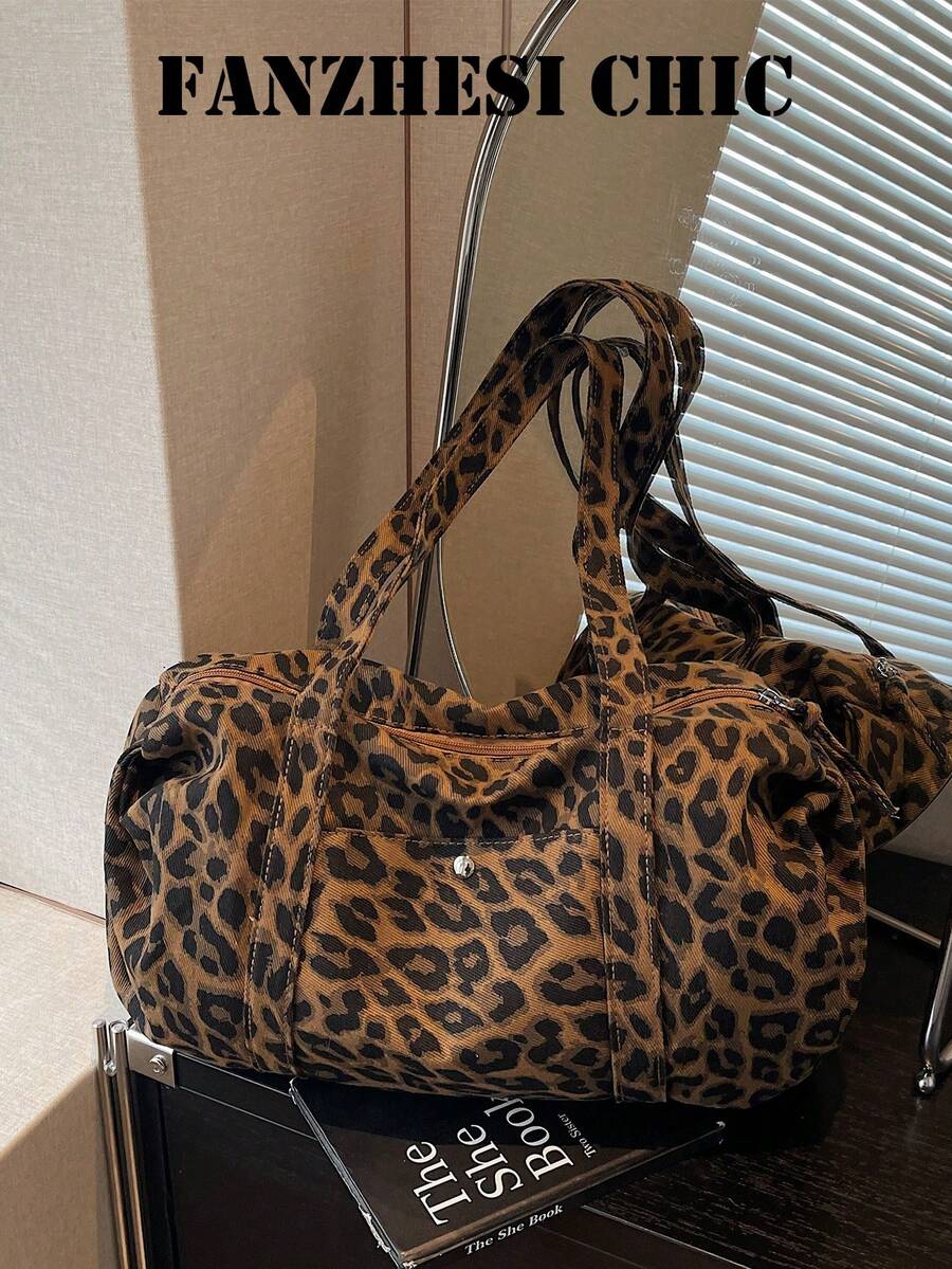 Printed Pattern Luggage Bag With Front Pocket And Large Capacity, Handheld Storage For Clothes And Personal Items, Zipper Closure, Vintage Hot Girl Style Travel Bag, Suitable For Short Trips, Shopping And Outings, For Girls Who Like Personalized Vintage Outfits