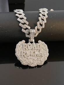 Men's Full Rhinestone ROAD RUNNER Letter Pendant Necklace, Thick Cuban Chain, Hip Hop Rap Street Style Jewelry - ROAD RUNNER - View 6