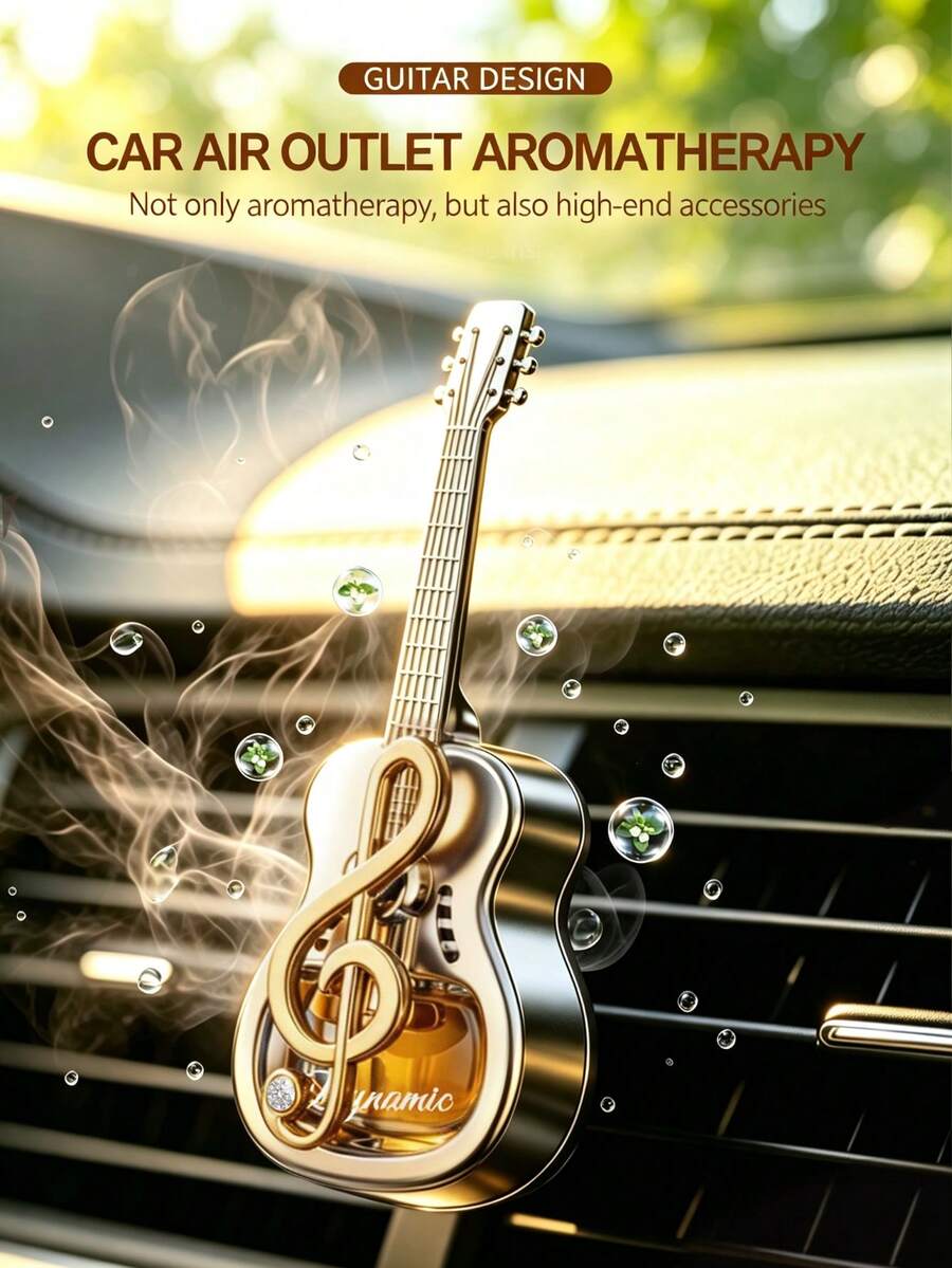 Creative Guitar-Shaped Car Air Freshener Set, Air Vent Fragrance Ornament, Car Air Vent Aromatherapy Set With Vent Clip And Dashboard Bracket, Long-Lasting Mild Scent Deodorizer With Musical Note Design, 360° Rotating Plant Essential Oil Diffuser, 4 Colors 4 Fragrances, Mini Long-Lasting Aroma Diffuser, Car Accessory, Suitable For Music And Car Enthusiasts