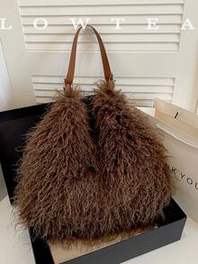 low tea 1pc Crescent Shaped Plush Fabric Shoulder Bag, Suitable For Commuting, Shopping And More - Coffee - View 5