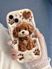 1pc Creative Brown Plush Teddy Cute Puppy Wave-Shaped Screen Edge Protection Phone Case Compatible With Apple 7/8/X/XR/XSMAX/11/12/13/14/15 - White - View 4