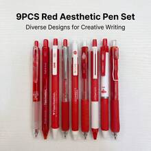 9PCS Red Theme Ballpoint Pen Set, Click-Action Snap Structure, Multiple Pen Barrel Styles, Notebook Recording, Problem Solving, Handwriting, Office Stationery Set, 0.5mm Writing Tip, Student Office Daily Note-Taking And Problem Solving Stationery Set - Sets - View 3