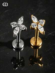 1 Buah Anting-anting CZ Berkilau Bentuk Salib Marquise Bunga Jahat ASTM Titanium Padat Ulir Internal Bertatahkan Gugus Zirkonia Datar untuk Bibir Hidung Tragus Tulang Rawan - 1 tindik bibir titanium - View 5