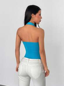 Women's Square Neck Knit Jumpsuit, Square Neck Sleeveless Fitted Solid Color Basic Outerwear Tank Jumpsuit - Blue - View 4