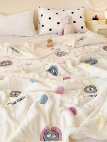 1pc Beige Cartoon Pattern Blanket, Warm & Thick, Soft & Comfortable, Suitable For Home Decor, Bed, Sofa, Office, Room Decoration, Dorm, Machine Washable, Back To School Dorm Decor College Decor - Beige - View 5
