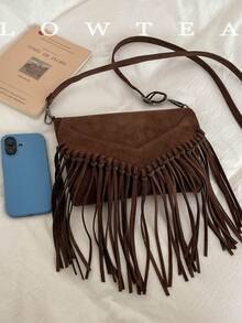 low tea 1pc Fashionable Tassel Suede Fabric Shoulder Bag, Suitable For Commuting, Shopping And More - Coffee - View 4